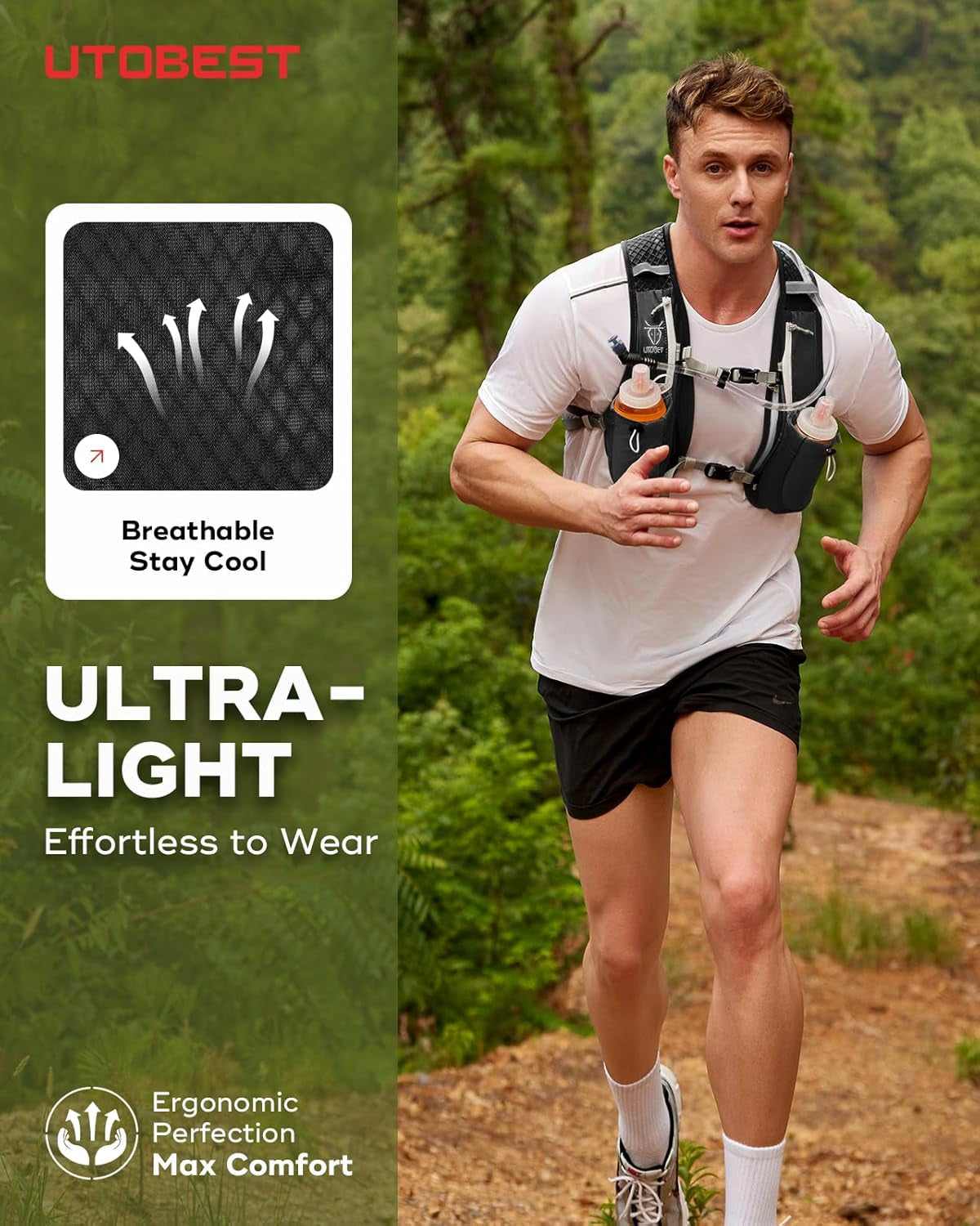 Running Vest, 5L Hydration Vest Lightweight, Breathable and Sweatproof Running Backpack, Adjustable Running Hydration Vest for Trail Running Marathon Race Jogging Cycling