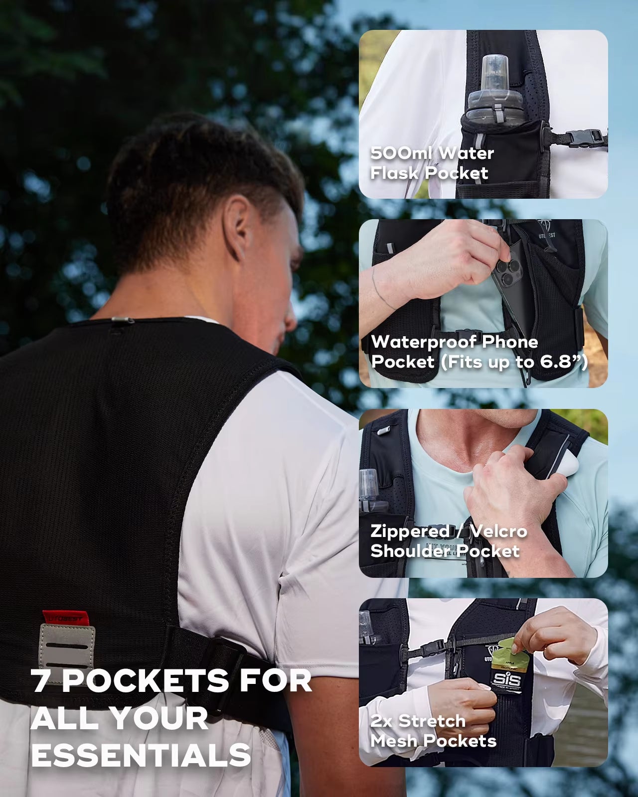UTR113 Reflective Running Hydration Vest Adjustable Phone Holder for Training Cycling Hiking